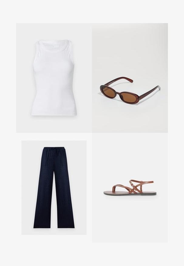 Witte geribbelde tanktop met een ronde halslijn en zonder mouwen. Het materiaal lijkt glad met een aansluitende silhouette. Geen zichtbare patronen of accenten.; Donkerblauwe broek met wijde pijpen, subtiele zigzagstructuur, elastische tailleband en koordsluiting.; Bruine leren platte sandalen met kruislingse banden, open teenontwerp en een gespsluiting rond de enkel. Zachte textuur en minimalistische stijl.; Ronde, bruin getinte zonnebril met een glanzend bordeauxrood frame. Slanke pootjes met subtiele merkdetails. Vlakke lensontwerp.