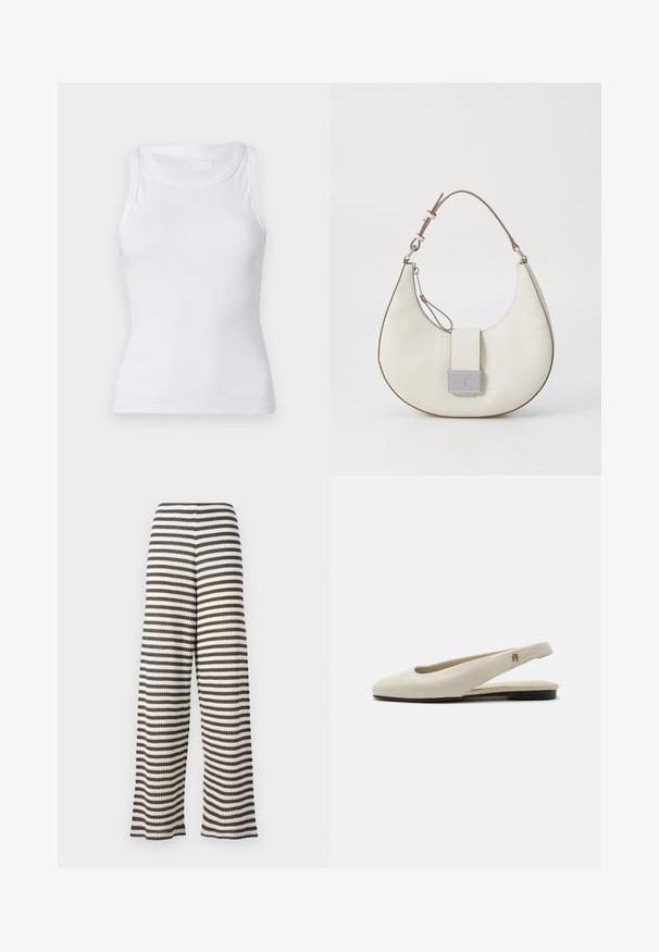Hvid ribbet tanktop med rund halsudskæring og ærmeløs design. Materialet virker glat med en tætsiddende silhuet. Ingen synlige mønstre eller accenter.; Bredde ben bukser i sort og hvid stribet mønster, med en struktureret overflade og en elastisk talje for komfort.; Flatsko i cremefarvet læder med rundet tå og lille guldemblem på remmen.; Hvid læder taske med en buet form, kontrasterende brune detaljer, en sølvlås og en struktureret overflade. Har en enkelt skulderrem.