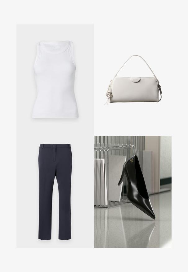 Weißes, geripptes Tanktop mit Rundhalsausschnitt und ärmellosem Design. Das Material wirkt glatt und hat eine figurbetonte Silhouette. Es sind keine sichtbaren Muster oder Akzente vorhanden.; Dunkelmarineblaue, maßgeschneiderte Hose mit glatter Textur, geradem Schnitt, Gürtelschlaufen und frontalen Taschen. Schlichte und elegante Ästhetik.; Schwarzer High-Heel-Schuh mit spitzer Zehe und goldem Logo, auf einer reflektierenden Oberfläche nahe einem verchromten Draht-Organizer mit Dokumenten positioniert.; Weiße rechteckige Calvin Klein Handtasche mit einem einzelnen Henkel, minimalistischem Design und dekorativen Quasten mit geometrischem Metallanhänger an der Seite.