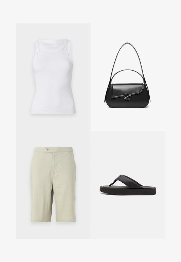 Witte geribbelde tanktop met een ronde halslijn en zonder mouwen. Het materiaal lijkt glad met een aansluitende silhouette. Geen zichtbare patronen of accenten.; Lichtgrijze shorts van een zachte stof. Heeft een knoopsluiting, zijzakken en een recht model.; Zwarte teenslipper met een brede teenpost en een zachte synthetische bovenkant. Beschikt over een dikke rubberen zool met een gestructureerde voetbed voor grip.; Zwarte leren schoudertas met een gebogen klep die is bevestigd met een ronde metalen sluiting en een smalle, verstelbare band.