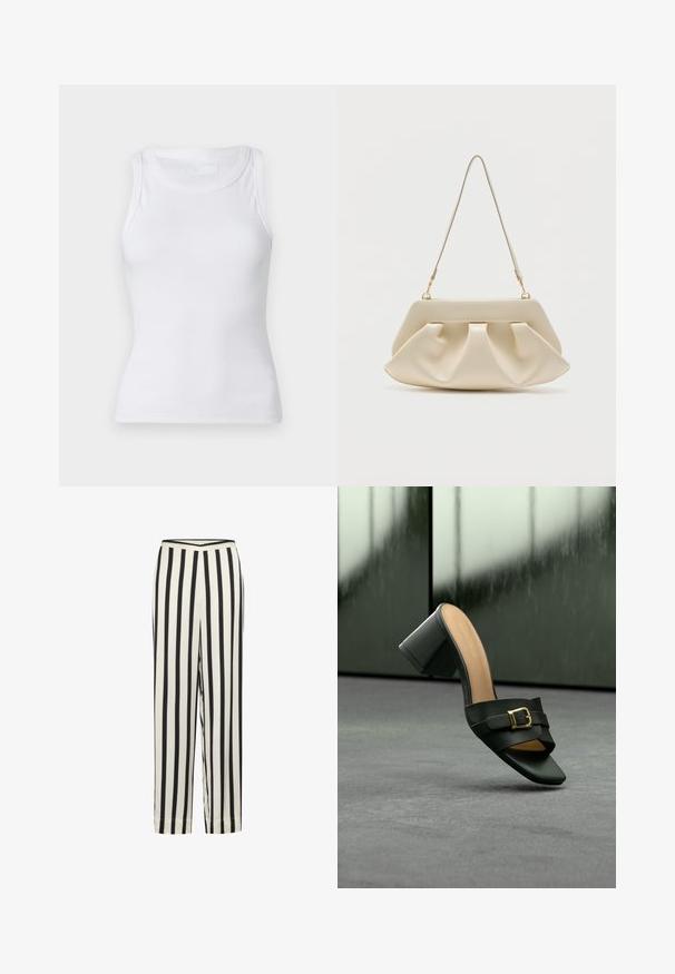 Hvid ribbet tanktop med rund halsudskæring og ærmeløs design. Materialet virker glat med en tætsiddende silhuet. Ingen synlige mønstre eller accenter.; Sort-hvid stribede bukser med lige ben og elastisk talje. Fremstillet af letvægtsstof med en glat tekstur.; Sort læder mule med åben tå, blokhæl og guldbuckles, vist på grå overflade med sløret mørk baggrund.; Kremfarvet blød clutch-taske med samlet plissering og en tynd skulderrem med guldfarvet hardware.