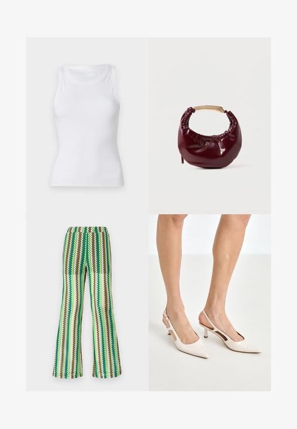 Hvid ribbet tanktop med rund halsudskæring og ærmeløs design. Materialet virker glat med en tætsiddende silhuet. Ingen synlige mønstre eller accenter.; Strikkede flared bukser med zigzag-mønster i nuancer af grøn, brun og creme; strækbart taljebånd; struktureret overflade.; Beige patenterede læder slingback hæle med spids tå og 5 cm hæl, med udskårne sider og en tynd ankelrem.; Bordeaux farvet faux læder handbag med en afrundet form, samling detaljer og et guldtonet metalhåndtag. Glat tekstur og blank finish.
