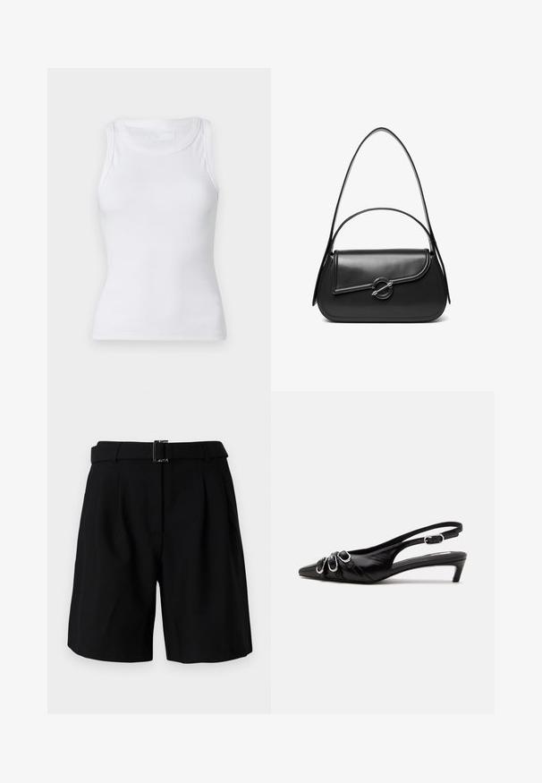 Débardeur blanc à côtes avec un col rond et sans manches. Le matériau semble lisse avec une silhouette ajustée. Pas de motifs ni d'accents visibles.; Shorts noirs ajustés avec une texture lisse, dotés d'une large taille et d'un détail en boucle en métal. Design structuré et plissé à l'avant.; Chaussure slingback en cuir noir avec bout pointu, trois boucles argentées à l'avant et petit talon kitten sur fond blanc.; Sac à bandoulière en cuir noir avec un rabat incurvé fermé par un fermoir métallique rond et une sangle fine et ajustable.