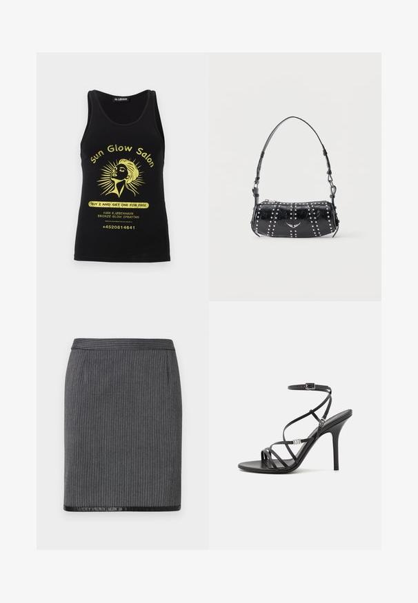Sort tanktop med gul grafik af en kvindes ansigt med solstråler, teksten "Sun Glow Salon", reklame tilbud, og kontakt telefonnummer.; Grå ribbet blyantskirt med en glat sort kant. Har et tætsiddende design og et standard liv. Teksturen er vævet og sofistikeret.; Sort højhælet sandal med tynde stropper, en ankelspænde, en glat læderoverflade og en slank stilethæl.; Sort skuldertaske i laklæder med sølvnitter i lodrette rækker og et lille sølvfugleemblem midt på fronten.