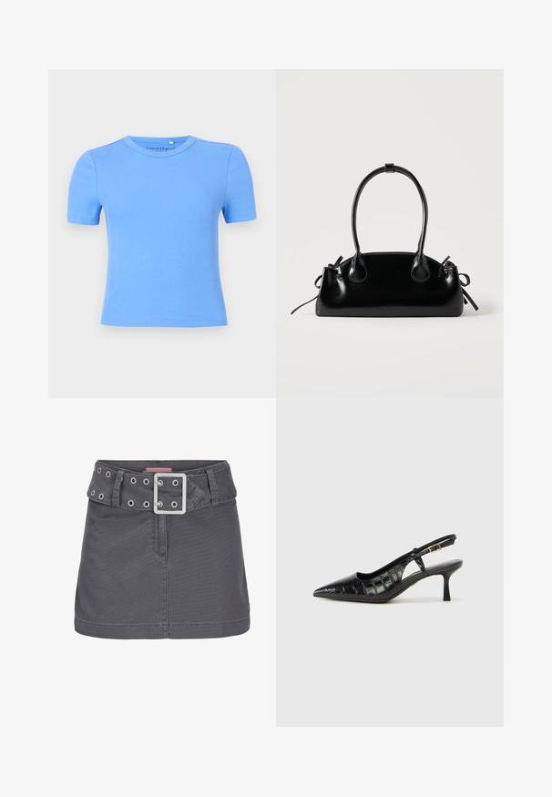 Lichtblauw geribd T-shirt met korte mouwen en een ronde hals, met een getailleerde pasvorm en een gladde textuur. Geen zichtbare patronen of accenten.; Grijze katoenen mini-jurk met een brede riem met zilveren oogjes en een vierkante metalen gesp, ontworpen met een schone, rechte silhouet.; Zwarte slingback hakken met een spitse neus en een structuur van krokodillenembossing. Voorzien van een smalle enkelband en een kleine hak.; Kleine zwarte glanzende handtas met twee lange hengsels en zijkant trekkoord details op een effen lichte achtergrond.