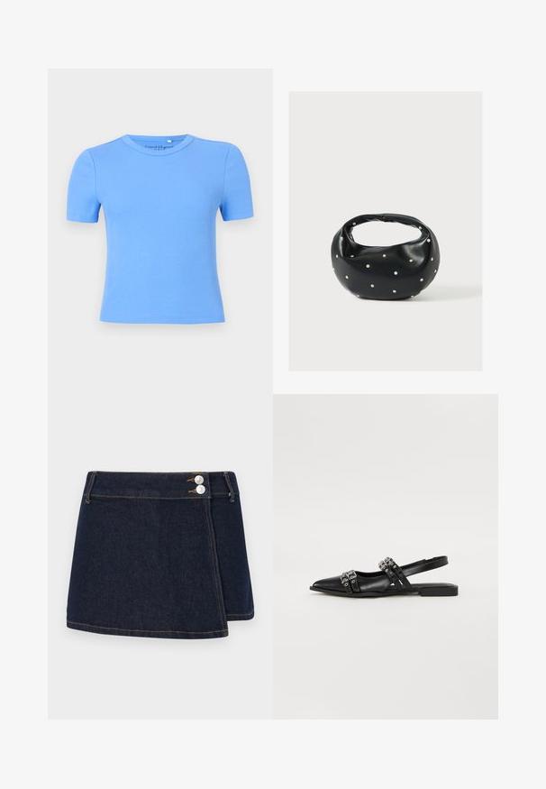 Lichtblauw geribd T-shirt met korte mouwen en een ronde hals, met een getailleerde pasvorm en een gladde textuur. Geen zichtbare patronen of accenten.; Donkerdenimrok met een wikkelontwerp, twee zilveren knopen in de taille en contrasterende stiksels langs de zoom en naden.; Even&Odd by Zalando Slingback ballerina´s - black; Zwarte leren handtas met een afgeronde vorm, versierd met zilveren studs, en een korte handgreep. Gladde textuur en ritsluiting.