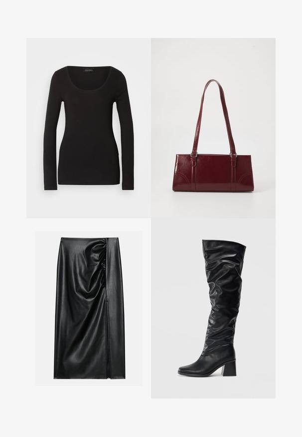 Haut noir à manches longues avec un décolleté en U, fabriqué en tissu doux et extensible. Présente une forme ajustée et une texture lisse. Étiquette de marque visible.; Jupe en cuir noir avec une texture lisse, présentant une section froncée sur un côté et une fente sur le côté pour un détail supplémentaire.; Bottes noires montantes en cuir brillant avec un design froncé, bout pointu et talon block chunky. Texture lisse avec un léger éclat.; Sac à main bordeaux en matériau brillant, de forme rectangulaire, avec deux anses et des accents légèrement courbés à l'avant.