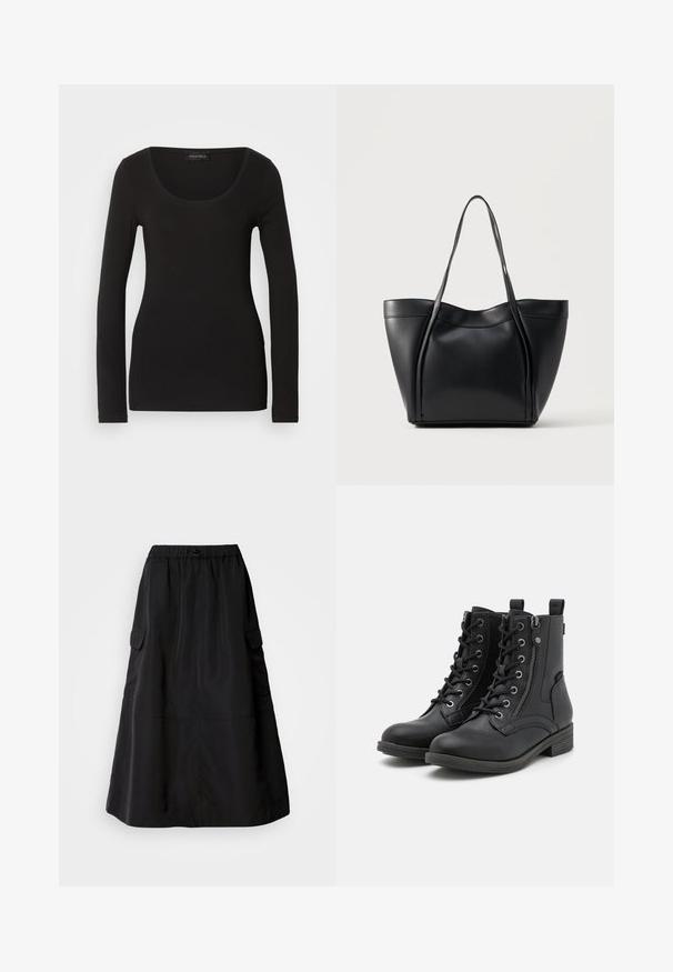 Haut noir à manches longues avec un décolleté en U, fabriqué en tissu doux et extensible. Présente une forme ajustée et une texture lisse. Étiquette de marque visible.; Jupe noire à coupe décontractée, en tissu lisse. Elle possède une taille élastique et deux poches cargo latérales. Design de longueur mi-mollet.; Bottes noires à la cheville en matériau semblable au cuir, avec des lacets, une fermeture éclair sur le côté et des détails texturés sur l'empeigne et la semelle. Talon bas.; Sac cabas en cuir noir avec deux longues anses et un bord supérieur légèrement incurvé, présenté sur un fond clair uni.