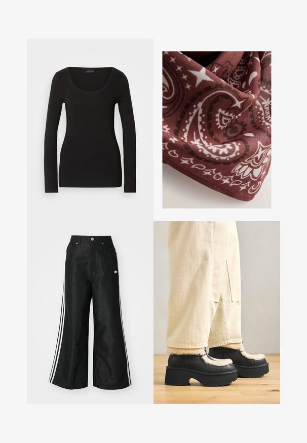 Sort langærmet top med en rund halsudskæring, lavet af blødt, strækbart stof. Har en tætsiddende pasform og glat tekstur. Brandlabel synlig.; Sorte vide denim bukser med tre hvide striber på hver side og et lille hvidt logo. Indeholder forlommer og en knaplukning.; Sorte platformstøvler med en rund tå, der har en fluffy cremefarvet krave og snøre detaljer, parret med løse beige bukser på et trægulv.; Blødt stof med bordeaux og hvide paisley- og stjernemønstre, vist tæt på med bløde folder og glat struktur.