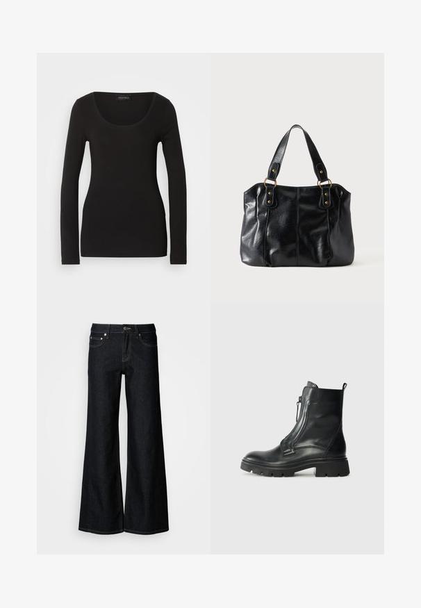 Haut noir à manches longues avec un décolleté en U, fabriqué en tissu doux et extensible. Présente une forme ajustée et une texture lisse. Étiquette de marque visible.; Jean en denim foncé à jambes larges avec une taille haute, un design à cinq poches et une couture contrastée jaune le long des coutures.; Bottine en cuir noir avec une semelle en caoutchouc épaisse, fermeture éclair sur le côté, texture lisse et bout légèrement arrondi. Design minimaliste sans motifs.; Sac à épaule en cuir noir avec double anses attachées par des anneaux et rivets dorés, surface lisse et légèrement brillante, design simple.
