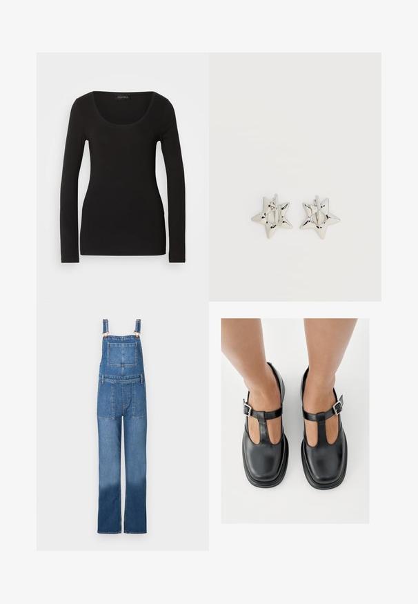 Haut noir à manches longues avec un décolleté en U, fabriqué en tissu doux et extensible. Présente une forme ajustée et une texture lisse. Étiquette de marque visible.; Salopette en denim avec bretelles ajustables, poches avant et arrière, et une coupe ample à jambes droites. Couleur : bleu moyen avec un effet délavé.; Chaussures en cuir noir avec un design à bride en T, bout fermé et accents de boucles argentées. Texture lisse avec un bout arrondi et une semelle plate.; Boucles d’oreilles créoles en forme d’étoile argentée avec une finition lisse et polie sur un fond blanc uni.