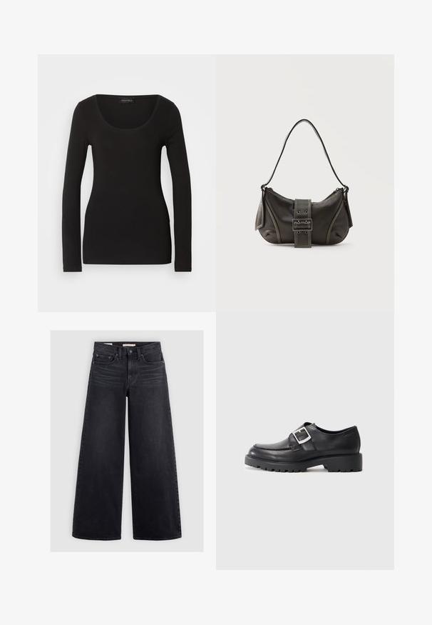 Μαύρο μακρυμάνικο μπλουζάκι με στρογγυλή λαιμόκοψη, φτιαγμένο από απαλό, ελαστικό ύφασμα. Διαθέτει εφαρμοστή γραμμή και λείο υφή. Ορατή ετικέτα μάρκας.; Πλατιά μαύρα τζιν από τζιν ύφασμα, με ψηλή μέση, πέντε τσέπες και ήπια φθορά στη μπροστινή πλευρά.; Μαύρα δερμάτινα παπούτσια με στρογγυλή μύτη, διαθέτοντας λεπτομέρεια με κούμπωμα στο πλάι και χοντρή, ανθεκτική σόλα. Λείος υφής με ελάχιστη ραφή.; Μαύρη δερμάτινη τσάντα ώμου με λεπτομέρεια ιμάντα με πόρπη, καμπυλωτές άκρες και αντίθετη λευκή ραφή σε απλό φόντο.