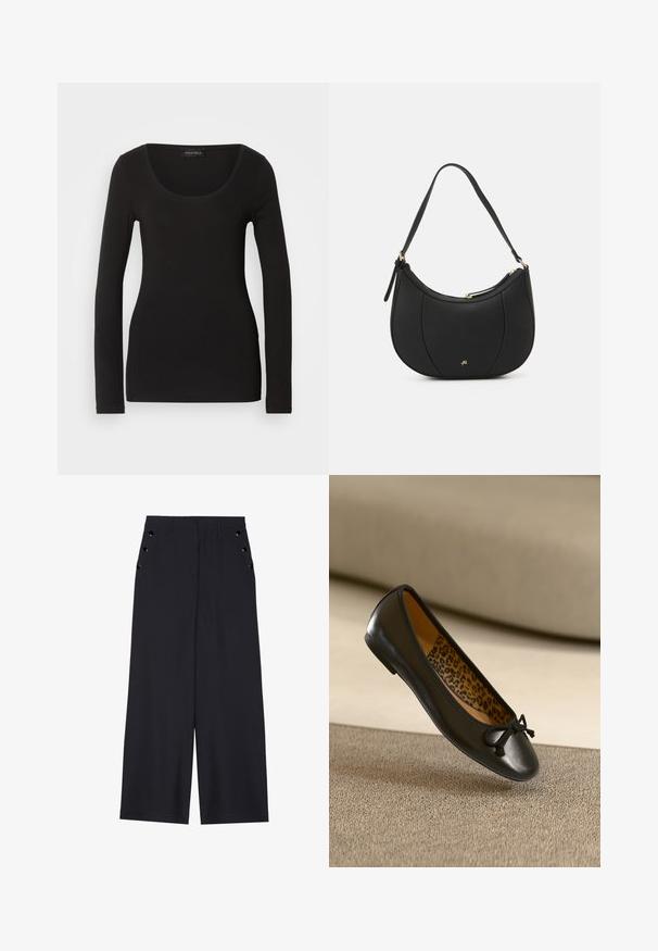 Top negro de mangas largas con escote redondeado, hecho de una tela suave y elástica. Presenta una forma ajustada y una textura suave. Etiqueta de la marca visible.; Pantalones de pierna ancha en tejido azul marino oscuro, con una textura suave, pliegues delanteros y ojales decorativos en tono dorado en los bolsillos laterales.; Bailarina plana de cuero negro con puntera redondeada y lazo de tela, con un interior de estampado de leopardo. Textura suave y perfil delgado.; Bolso de mano de cuero negro con forma curva, superficie texturizada, costuras frontales y un logo en tono dorado. Cuenta con una sola correa ajustable.
