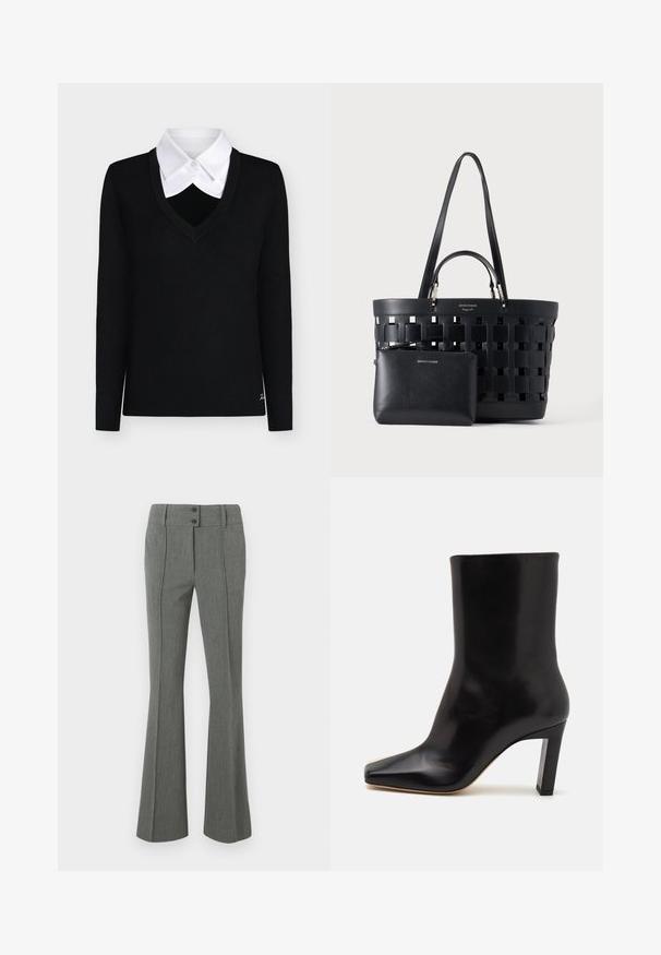 Pull noir à manches longues col en V superposé sur une chemise blanche boutonnée avec un col pointu, présenté sur un fond uni.; Pantalon gris évasé en tissu texturé. Comprend deux boutons à la taille et des coutures décoratives à l'avant.; Bottine en cuir noir avec un bout pointu, un talon bloc effilé et une texture lisse, présentant une silhouette élégante et un design minimaliste.; Sac fourre-tout tissé noir avec double poignées et une petite pochette zippée assortie à l'avant, tous deux en cuir.