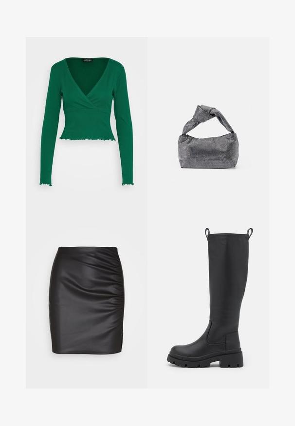 Monki Long sleeved top - solid green; Black faux leather fitted skirt with gathered texture on one side and a small slit on the hem, creating a sleek silhouette.; Black knee-high boot made of smooth leather with a chunky sole and slight heel. Features pull tabs and elastic side panels for easy wear.; Black and silver handbag with a textured surface featuring a diamond pattern, a knotted handle, and a structured shape.