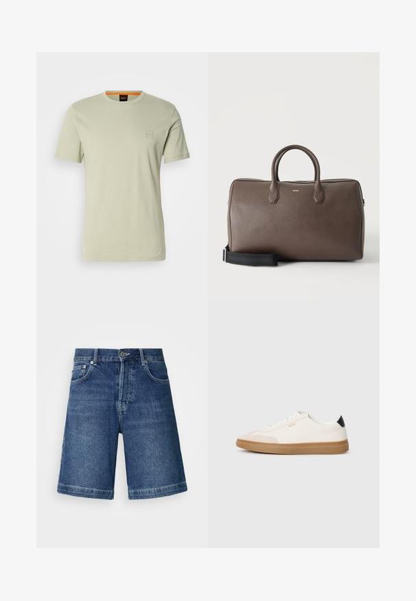 Lichtgroene t-shirt met korte mouwen van katoen. Heeft een klein vierkant logo op de borst en een oranje accent bij de halslijn.; Donkerblauwe denim shorts met een rechte snit, vijf zakken en gestikte zoom. Voorzien van een sluiting met een knoop en rits.; Witte sneakers met beige accenten, bovenwerk van glad leer, ronde neus en rubberen gumzool, met een zwarte hieltab en subtiele branding.; Bruine leren duffeltas met twee handvatten, een zwarte verstelbare schouderriem en een klein "BOSS" logo middenvoor.