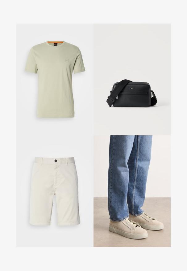 Hellgrünes T-Shirt mit kurzen Ärmeln aus Baumwolle. Verfügt über ein kleines quadratisches Logo auf der Brust und einen orangen Akzent am Ausschnitt.; Helle beige Shorts aus Baumwolle, mit einem Knopfverschluss, Vordertaschen und abgestepptem Saum. Glatte Textur mit einem lässigen Design.; BOSS GARYTENN_SDHDEL - Sneaker low - natural ten; Schwarze, strukturierte Leder-Crossbody-Tasche mit vorderer Reißverschlusstasche und verstellbarem breitem Stoff-Schulterriemen auf weißem Hintergrund.