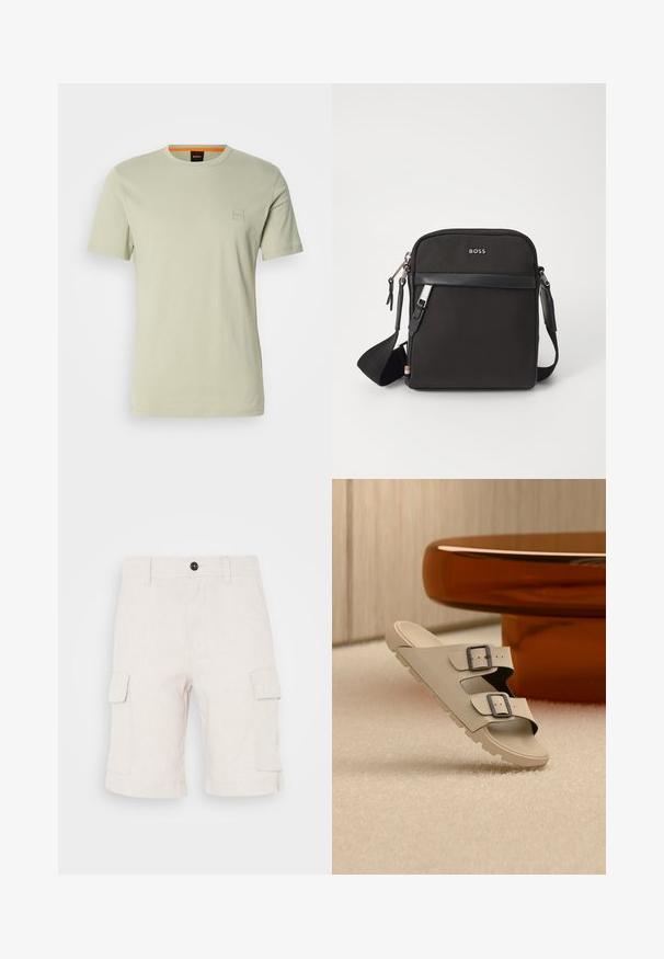 Hellgrünes T-Shirt mit kurzen Ärmeln aus Baumwolle. Verfügt über ein kleines quadratisches Logo auf der Brust und einen orangen Akzent am Ausschnitt.; Beige Cargo-Shorts aus leichtem Stoff, mit zwei seitlichen Taschen und umgeschlagenem Saum. Knopfverschluss an der Taille.; Beiger Sandale mit zwei schwarzen Schnallen balanciert auf einem weißen, strukturierten Boden vor einem runden, glänzenden, bernsteinfarbenen Tisch in einem minimalistisch eingerichteten Raum.; Schwarze Umhängetasche aus strukturiertem Stoff, mit Logo auf der Vorderseite, Reißverschluss und verstellbarem Tragegurt. Verfügt über eine glatte Lederbesatz.