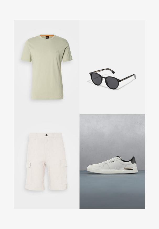 Lichtgroene t-shirt met korte mouwen van katoen. Heeft een klein vierkant logo op de borst en een oranje accent bij de halslijn.; Beige cargoshorts van lichtgewicht stof, met twee zijzakken en een omgeslagen zoom. Knopsluiting aan de taille.; Witte lage sneaker met zwarte hiel, vetersluiting, subtiele perforaties en het "BOSS" logo aan de zijkant, getoond vanuit het zijprofiel.; BOSS Zonnebril - black