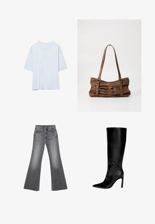 T-shirt bleu clair uni à manches courtes et col rond, coupe décontractée, présenté sur un fond blanc.; Jean en denim gris délavé avec taille haute, bouton à l'avant et fermeture éclair, doté de jambes évasées larges et de poches avant et arrière.; Botte en cuir noir montée jusqu'au genou, avec un bout pointu, un talon aiguille haut, une finition lisse et un design simple et épuré sans ornements.; Even&Odd Sac à main - brown