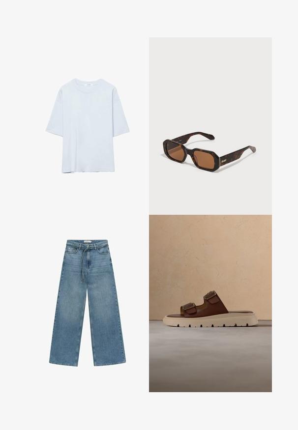 Enkelt lyseblå kortærmet t-shirt med rund hals og afslappet pasform, vist mod en hvid baggrund.; Bredde ben blå denim jeans med medium vask. Har en snøre i taljen, frontlomme og en simpel finish uden yderligere pynt.; Brun lædersandal med to justerbare guldspænder og en tyk beige rillesål på en struktureret overflade.; Skildpaddemønstrede solbriller med en hexagonal ramme, brune linser og guld 'QUAY' logo på armen. Glat tekstur, robust design.