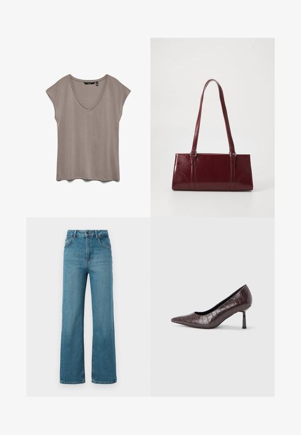Haut taupe pour femme à manches courtes, décolleté en V et coupe décontractée, posé à plat sur fond blanc.; Jean en denim bleu taille haute avec fermeture par boutons, poches avant et jambes larges et droites sur fond blanc.; Escarpins à bout pointu en similicuir marron avec une texture crocodile, dotés d’un talon fin et angulaire ainsi que d’une doublure intérieure lisse.; Sac à main bordeaux en matériau brillant, de forme rectangulaire, avec deux anses et des accents légèrement courbés à l'avant.