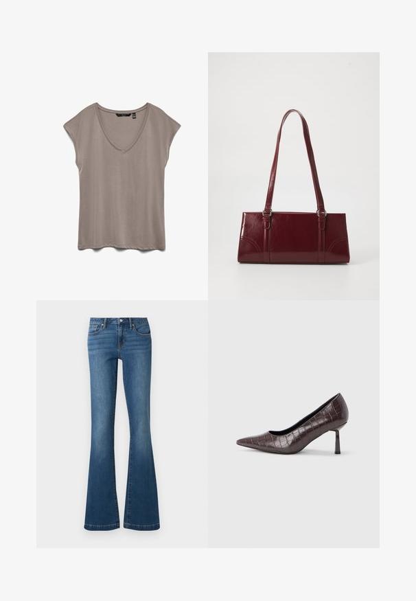 Haut taupe pour femme à manches courtes, décolleté en V et coupe décontractée, posé à plat sur fond blanc.; Jean en denim bleu avec une taille haute, bouton et fermeture éclair à l'avant, style cinq poches, jambes évasées sur fond uni.; Escarpins à bout pointu en similicuir marron avec une texture crocodile, dotés d’un talon fin et angulaire ainsi que d’une doublure intérieure lisse.; Sac à main bordeaux en matériau brillant, de forme rectangulaire, avec deux anses et des accents légèrement courbés à l'avant.