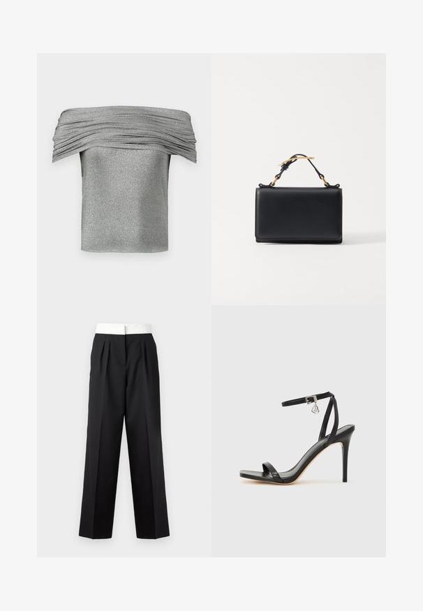 Haut argenté à épaules nues avec texture plissée, fabriqué à partir d'un tissu scintillant. Conception courte et ajustée avec une finition lisse.; Pantalons plissés noirs avec une large ceinture blanche, présentant une coupe droite et une texture lisse pour un look structuré.; Sandale à talon haut noire avec une bride étroite à la cheville, bout carré, cuir lisse et accent de boucle métallique.; Sac à main en cuir noir de forme rectangulaire, doté d'une anse supérieure et d'accents en métal doré. Texture lisse, design minimaliste.