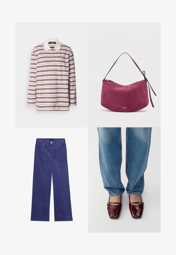 Mos Mosh STRIPE - Poloshirts - brunnera/blue; Lilla kordfløjel brede bukser med forsætningslommer, metalknaplukning og en tekstureret, ribbet stofoverflade.; Burgunderfarvede patentlæder sko med firkantet tå og ankelrem, parret med lyseblå løs pasform jeans. Skoene har en glansfuld overflade.; Fuchsia ruskindshåndtaske med en buet form, enkelt justerbart strop, lynlås lukning og dekorative snore på siden. Har brandlogo.
