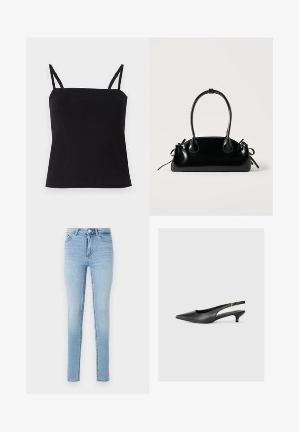 Zwarte cami-top met dunne verstelbare spaghettibretels, gemaakt van een zachte, lichte stof. Rechte pasvorm en minimaal ontwerp. Geen extra patronen.; Lichtblauwe denim skinny jeans hebben een sluiting met een knoop en ritssluiting aan de voorkant, vijf zakken en een licht vervaagde afwerking voor textuur.; Zwarte puntschoen met slingback van soepel leer. Kenmerkt zich door een dunne hak en een gespdetail op de verstelbare band.; Kleine zwarte glanzende handtas met twee lange hengsels en zijkant trekkoord details op een effen lichte achtergrond.
