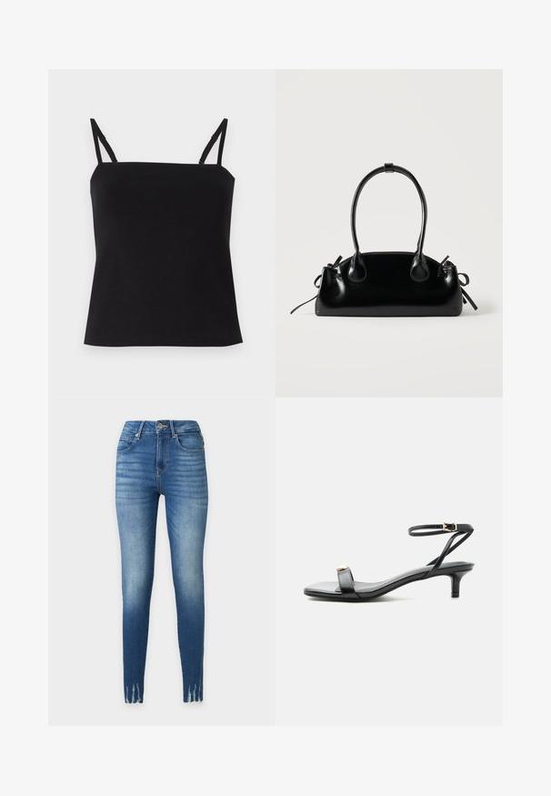 Débardeur noir à fines bretelles réglables, fabriqué à partir d'un tissu doux et léger. Coupe droite et design minimal. Sans motifs supplémentaires.; Jean skinny taille haute bleu avec détails délavés sur les cuisses, style cinq poches, fermeture par bouton et zip, et ourlets effilochés.; Sandale noire en cuir à bout ouvert avec petit talon kitten, fine bride de cheville avec boucle dorée et accent décoratif doré sur la bride avant.; Petit sac à main noir brillant avec deux longues anses et des détails à cordon sur les côtés sur un fond clair uni.