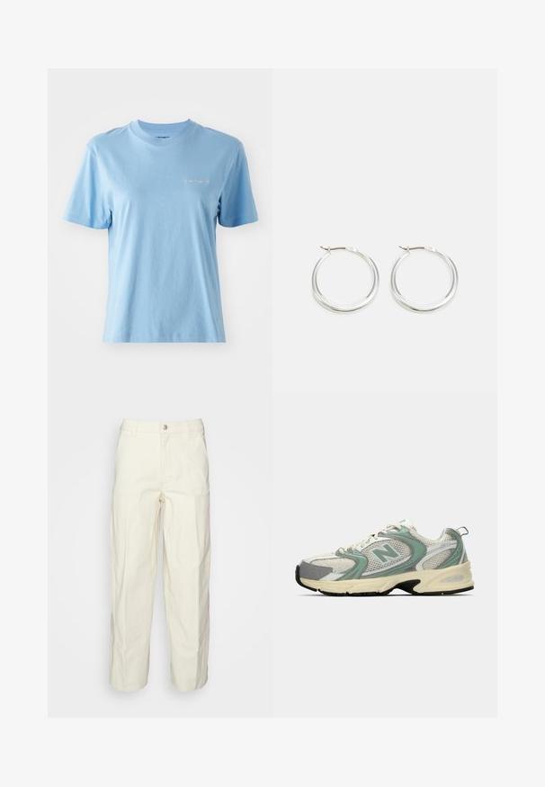 T-shirt à manches courtes, col rond, en coton doux de couleur bleu clair, avec un petit logo Carhartt blanc sur la poitrine. Texture lisse.; Pantalons utilitaires beige clair avec une coupe décontractée, fermeture à bouton et poches plaquées à l'avant. Fabriqués en tissu de coton durable.; Baskets de sport New Balance blanches et vert clair en tissu en maille, avec une semelle beige et un semelle noire, présentées de côté sur un fond uni.; Les boucles d'oreilles en argent en forme de créole présentent un design lisse et arrondi avec un profil fin et un fermoir sécurisé. Style minimaliste avec une finition polie.