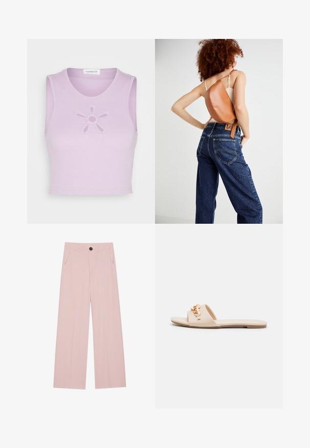 Even&Odd Top - lilac; Helle rosa weite Hosen aus glattem Stoff, mit einem Frontknopfverschluss, zwei Seitentaschen und einer taillierten Silhouette.; Beige Rutsch-Sandalen mit offenen Zehen, flacher Sohle und dekorativen metallischen Kettenakzenten am Riemen. Glattes Material mit minimaler Textur.; Brauner Leder-Rucksack mit einem einzigartig geschwungenen Design. Diagonal getragen, kombiniert mit hochgeschnittenen blauen Jeans aus Denim mit gelber Naht.