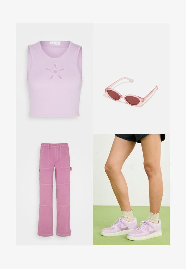 Even&Odd by Zalando Topp - lilac; BDG Urban Outfitters UTILITY SKATE - Avar lõikega teksad - violet; Heledad lilla Nike Air Force 1 spordijalatsid, mis sisaldavad vildist ja nahast, valged tallad ja vastavad paelad. Kannab triibulisi kreemjatest sokke.; Roosa läbipaistvusega prillid ovaalsete läätsedega, tumepunase varjundiga ja peenikeste varsidega, millel on sile viimistlus ja peened detailid raamile.