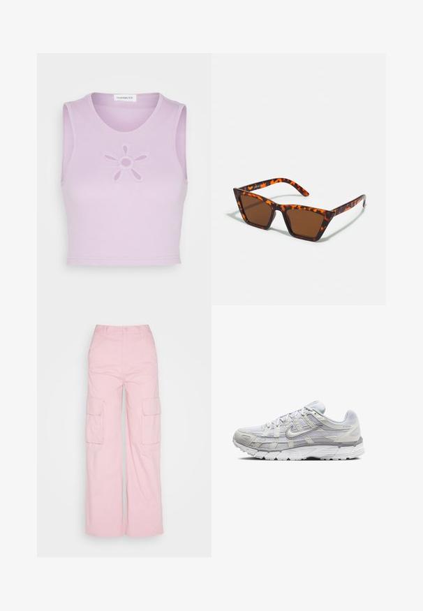 Even&Odd Tops - lilac; Monki Armijas stila bikses - light pink; Gai pelēki sporta apavi ar sietiņa un sintētisku augšdaļu, ar auklām, mīkstu apkakli un strukturētu zoli saķerei.; Brūnas tintētas saulesbrilles ar bruņurupuču rakstu, stūra forma, un šaurām kājām. Viegls plastmasas materiāls.
