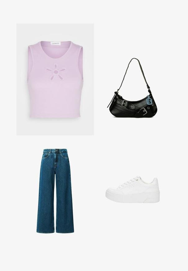 Even&Odd by Zalando Top - lilac; Džíny s vysokým pásom a širokými nohavicami vyrobené z tmavomodrého denimu. Obsahujú päť vreciek, pútka na opasok a viditeľné švy pozdĺž švov.; Biela platformová teniska so šnurovaním vpredu, perforovanými detailmi na boku a hrubou podrážkou, zobrazená z vonkajšej strany na bielom pozadí.; Čierna syntetická kabelka s zakriveným tvarom, nastaviteľným popruhom a dekoratívnymi kovovými prackami. Má hladký lesklý povrch.