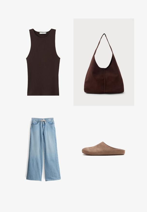Dunkelbraunes, geripptes ärmelloses Tanktop mit rundem Halsausschnitt, schmaler Passform und kleinem Markenlabel im Innenkragen.; Helle blaue, weit geschnittene Jeans aus Denim. Mit höherem Bund, Gürtelschlaufen, zwei Vorderaschen und einem Zugverschluss.; Brauner Wildleder-Slipper mit geschlossenem rundem Zeh und flacher, strukturierter Sohle, von der Seite auf weißem Hintergrund fotografiert.; Braune Wildleder-Hobo-Tasche mit einer großen, geschwungenen Öffnung und einem breiten Schulterriemen. Sie verfügt über eine mittige Naht auf der Vorderseite. Glatte Textur.