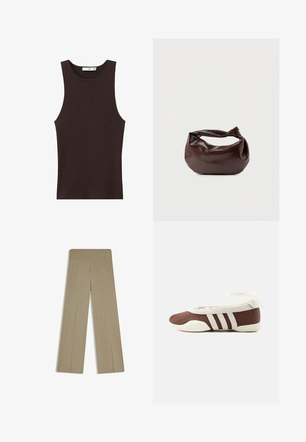 Débardeur côtelé sans manches de couleur brun foncé avec encolure ronde, coupe ajustée, et petite étiquette de marque à l'intérieur du col.; Pantalon beige à jambes larges avec fines rayures verticales discrètes et une taille haute, posé à plat sur un fond blanc.; Chaussure plate de ballet marron et blanche avec trois bandes blanches et un nœud à nouer à la cheville sur un fond clair uni.; Sac bandoulière en cuir marron foncé avec une forme souple et décontractée et une anse nouée torsadée sur un fond blanc uni.