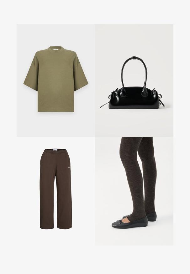 Oudgroen oversized T-shirt gemaakt van zacht katoen, met een ronde hals, korte mouwen en gestikte zoomdetails.; Bruine sweatpants met wijde pijpen, elastische tailleband en een klein wit tekstlogo op het bovenbeen, tegen een witte achtergrond.; Benen met donkere geribbelde leggings gecombineerd met zwarte ballerina's met kleine strikdetails op een witte achtergrond.; Kleine zwarte glanzende handtas met twee lange hengsels en zijkant trekkoord details op een effen lichte achtergrond.