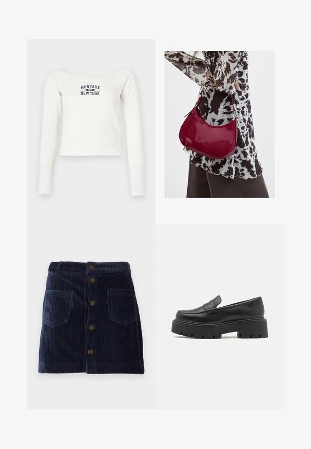 Hvid langærmet cropped top lavet af blødt stof, med en bred halsudskæring og et marineblåt print "Montauk 1975 New York" på forsiden.; Marineblå fløjlskørt med frontknaplukning og to påsyede lommer, der har vertikal ribbet tekstur.; Sorte læder loafers med en lav, grov gummi sål, syede detaljer på overdelen og en glat overflade.; Kvinde iført en sort- og hvidmønstret bluse, der holder en blank rød skuldertaske mod en ensfarvet baggrund.