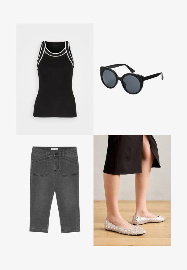 Sort ribbet tanktop med hvide kontrastkanter. Har en rund halsudskæring og racerback-design. Fremstillet af et strækbart stof for komfort.; Grå denim capri-bukser med en tætsiddende design, der har frontlommer, knaplukning og en let slidt tekstur.; Beige stæl ballet flats med en rund tå, der har en bueaccent, parret med en sort nederdel, vist på et trægulv.; Storede sorte oversized solbriller med katteøjeform, mørkt tonede linser og glansfuldt plastisk stel. Har tykke stænger for støtte.