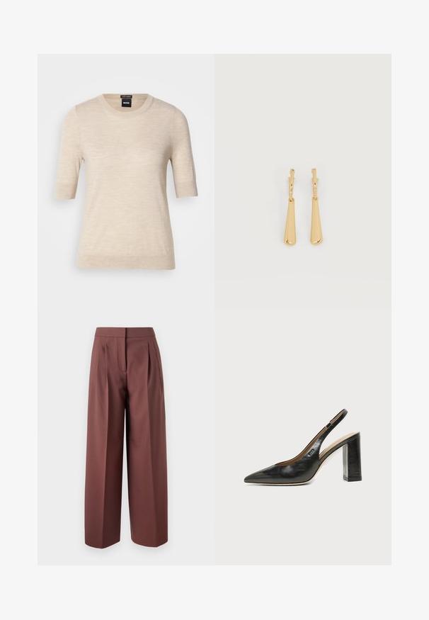 BOSS FARBELLA - T-shirts basic - light beige; Brune vide bukser med høj talje, der har plissee foran, skræddersyet design og en glat stofstruktur.; Sort læder peep-toe slingback sko med høj blokhæl og beige indvendig foring mod en ensfarvet lys baggrund.; Øreringe i guldfarvet metal med glatte, aflangt dråbeformede vedhæng, der hænger fra små creol-låse på en hvid baggrund.