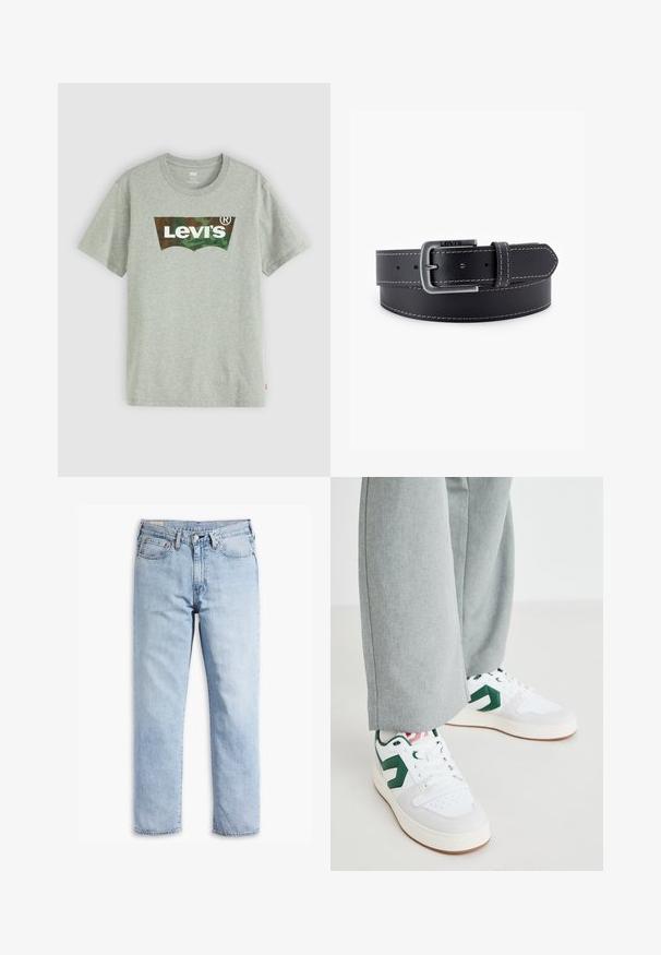 Lysegrå T-shirt med korte ærmer med et camouflage Levi's-logo i grønt og brunt hen over brystet på en ensfarvet hvid baggrund.; Lyseblå denimjeans med lige ben, fem-lommerstil og robust syning. Har lynlås og metalknap.; Hvide og grønne sneakers med glat læder og ruskindsmaterialer, der har en fremtrædende grøn logo-accents og hvide snørebånd. Grå bukser er delvist synlige.; Sort læderbælte med en sølvfarvet metalspænde, kontrasterende hvide syninger og en glat overflade. Indeholder flere justeringshuller.