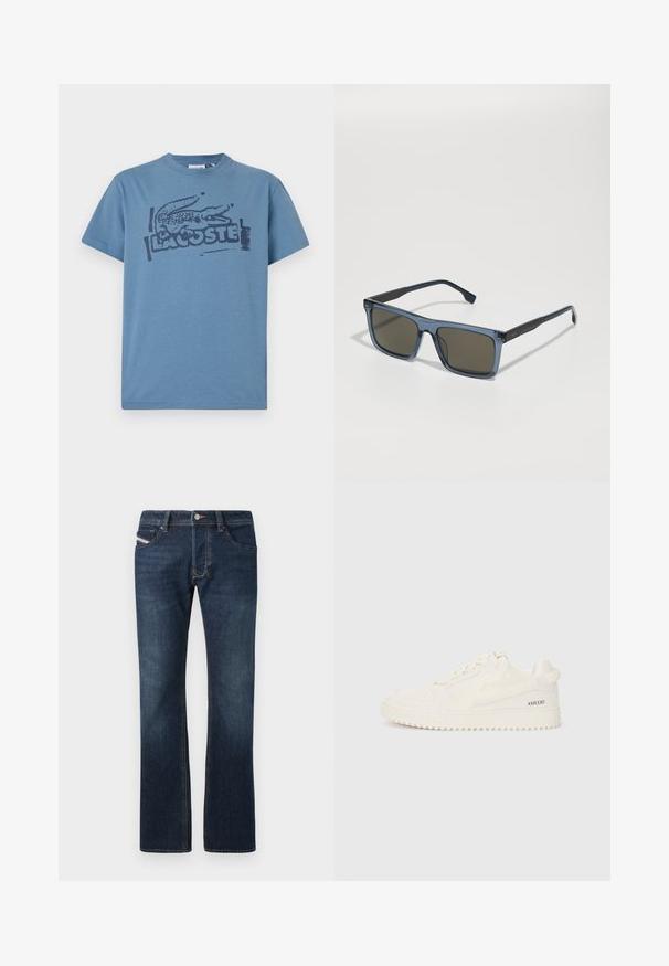 Blaues Baumwoll-T-Shirt mit einem dunklen bedruckten Krokodil-Logo und dem Text "LACOSTE". Rundhalsausschnitt, kurze Ärmel, lockere Passform.; Dunkelblaue Denim-Jeans mit geradem Bein, fünf Taschen und dezenten Nähten. Mit Metallknopf und Reißverschluss.; Weißer Sneaker aus strukturiertem Leder mit glatten Akzenten. Verfügt über eine perforierte Zehenbox, flache Schnürsenkel und einen eingestempelten "#XR330" auf der Seite.; Rechteckige Sonnenbrillen mit einem blauen, transparenten Rahmen und dunkelbraunen Gläsern. Die Bügel sind mit strukturierten schwarzen Akzenten versehen, um zusätzlichen Halt zu bieten.
