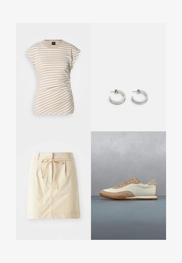 T-shirt à rayures beige et blanches, à manches courtes, avec un col rond et un tissu froncé sur les côtés pour la texture et l'ajustement. Logo de la marque visible.; Jupe kaki en tissu léger avec une taille ajustée, des détails de cordon de serrage, des plis et des coutures subtiles. Texture lisse.; Baskets crème et beige avec une tige texturée, des lacets et une semelle en caoutchouc, présentées au-dessus d'une surface en bois avec des cailloux.; Boucles d'oreilles en argent en forme de créoles présentant une surface lisse et une rangée de petites pierres claires le long du bord inférieur, avec une fermeture à tige.