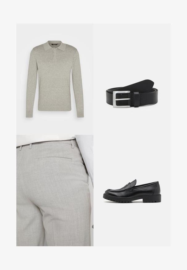 Polo à manches longues de couleur gris clair, fabriqué en tissu doux, avec une patte de boutonnage à trois boutons et des poignets côtelés, avec un design de col classique.; Pantalon gris clair sur mesure en tissu texturé, avec une seule poche arrière et des coutures nettes.; Mocassins en cuir noir avec un bout arrondi, un design à enfiler et une semelle en caoutchouc épaisse avec une texture antidérapante. Talon surélevé et détails de surpiqûre subtils.; Ceinture en cuir noir avec une texture lisse, boucle rectangulaire en argent et une boucle pour l'extrémité. Présente des coutures soignées le long des bords.
