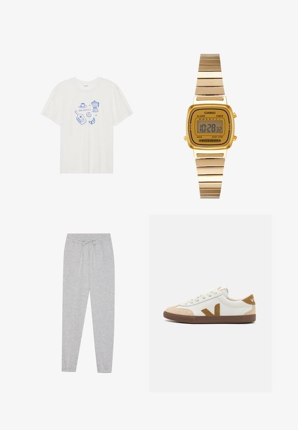 Even&Odd Camiseta estampada - egret; Pantalones de chándal grises con una textura suave, cinturilla elástica y detalle de cordón. Diseño de pierna ajustada con un ajuste casual.; Veja VOLLEY - Zapatillas - white/tent/bark; Reloj digital dorado con cara cuadrada, pantalla LCD y función resistente al agua. Eslabones de pulsera de metal con acabado pulido. Marca CASIO visible.