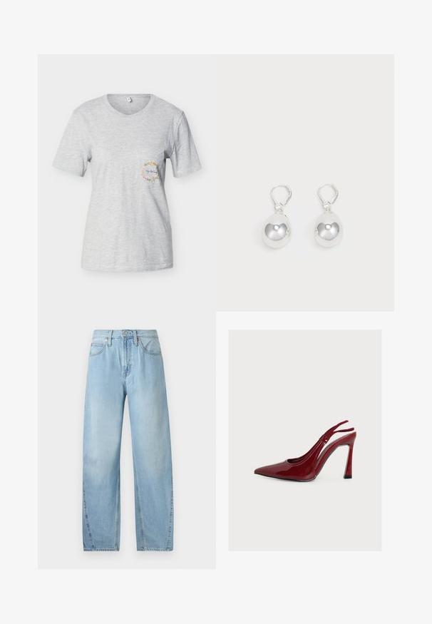 Lysegrå T-shirt med korte ærmer og en lille brystlomme, der har en blomsterkrans og teksten "Hey darling" indeni.; Lys blå denim jeans med lige ben-design, fem lommer og lynlås. Har synlige sømme og metalhardware-detaljer.; Rød højhælet slingback-sko i laklæder med spids tå og stilethæl, vist i profil på en ensfarvet hvid baggrund.; Sølv dråbeøreringe med glatte, runde, reflekterende overflader hængende fra svingelukkede låse. Baggrunden er helt hvid.