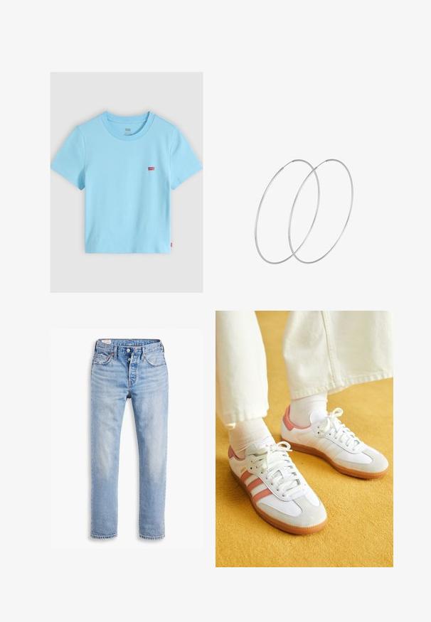 Lyseblå Levi's T-shirt med korte ærmer, rund halsudskæring og lille rødt Levi's logo på venstre bryst mod en ensfarvet baggrund.; Lyseblå denimjeans med lige snit, to forlommer og knaplukning. Slidt struktur med let bleget område nær knæene.; Hvide sportsko med lyserøde accenter, lavet af ruskind og læder, rund tå og gummisål, vist med lyse sokker på en gul baggrund.; Sølvøreringe med et minimalistisk design. Cirkulær form, glat tekstur og tynd profil. Letvægtige med en poleret overflade.