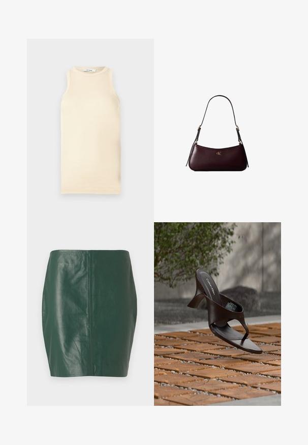 Top sin mangas de color beige claro, hecho de tejido acanalado, que presenta un escote redondo y un diseño ajustado. Textura suave con costuras mínimas.; Minifalda de cuero verde con una textura suave y forma ajustada. Presenta un diseño sin costuras y sin cierres o herrajes visibles.; Sandalia de tiras con tacón marrón de Calvin Klein suspendida sobre suelo exterior de loseta de madera y grava, con fondo desenfocado de vegetación y piedras.; Bolso de mano de cuero burdeos oscuro con una delgada correa negra para el hombro y pequeño logo dorado "cK" en el centro delantero.